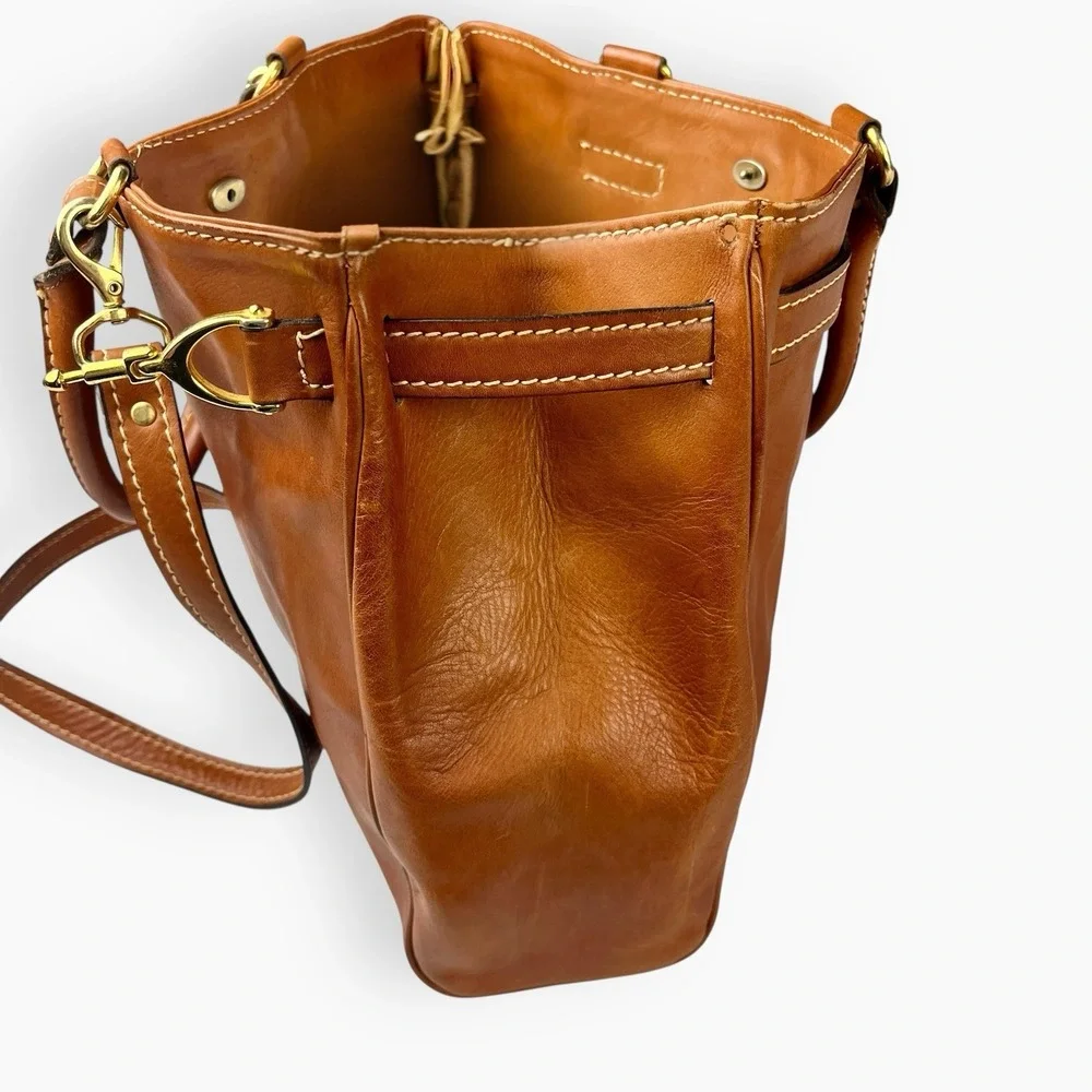 Vintage Brown Leather Double Handle Tote Bag Satchel Horse Bit Lock Horseshoe‎